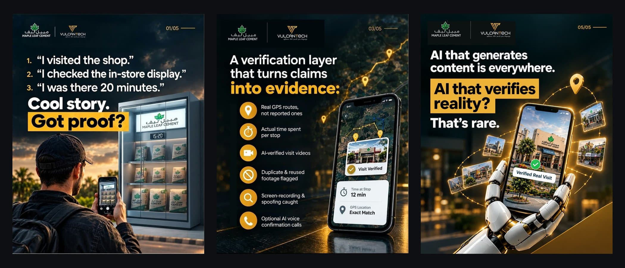 Three Maple Leaf Cement and VulcanTech campaign slides: Got proof?, A verification layer that turns claims into evidence, and AI that verifies reality