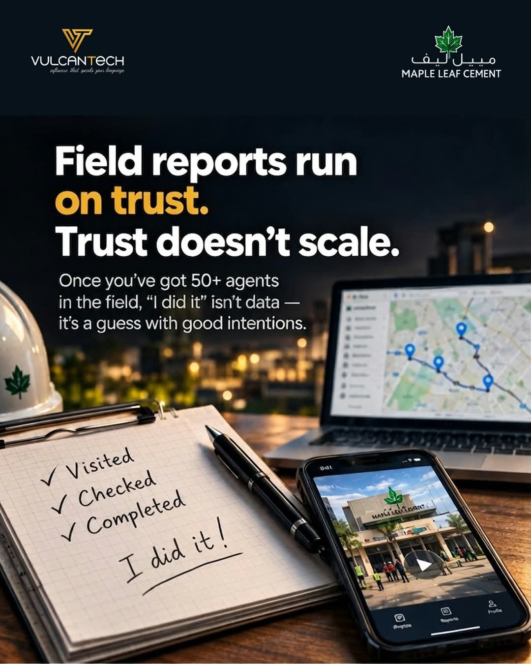 Notebook reading Visited, Checked, Completed, I did it, beside a phone and a route map