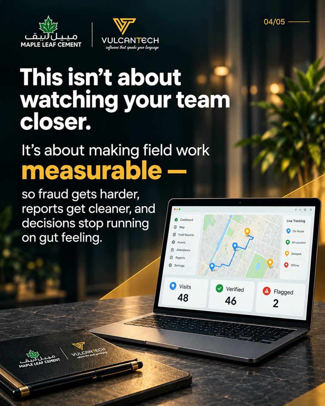 Dashboard on a laptop showing visits, verified and flagged counts on a live route map
